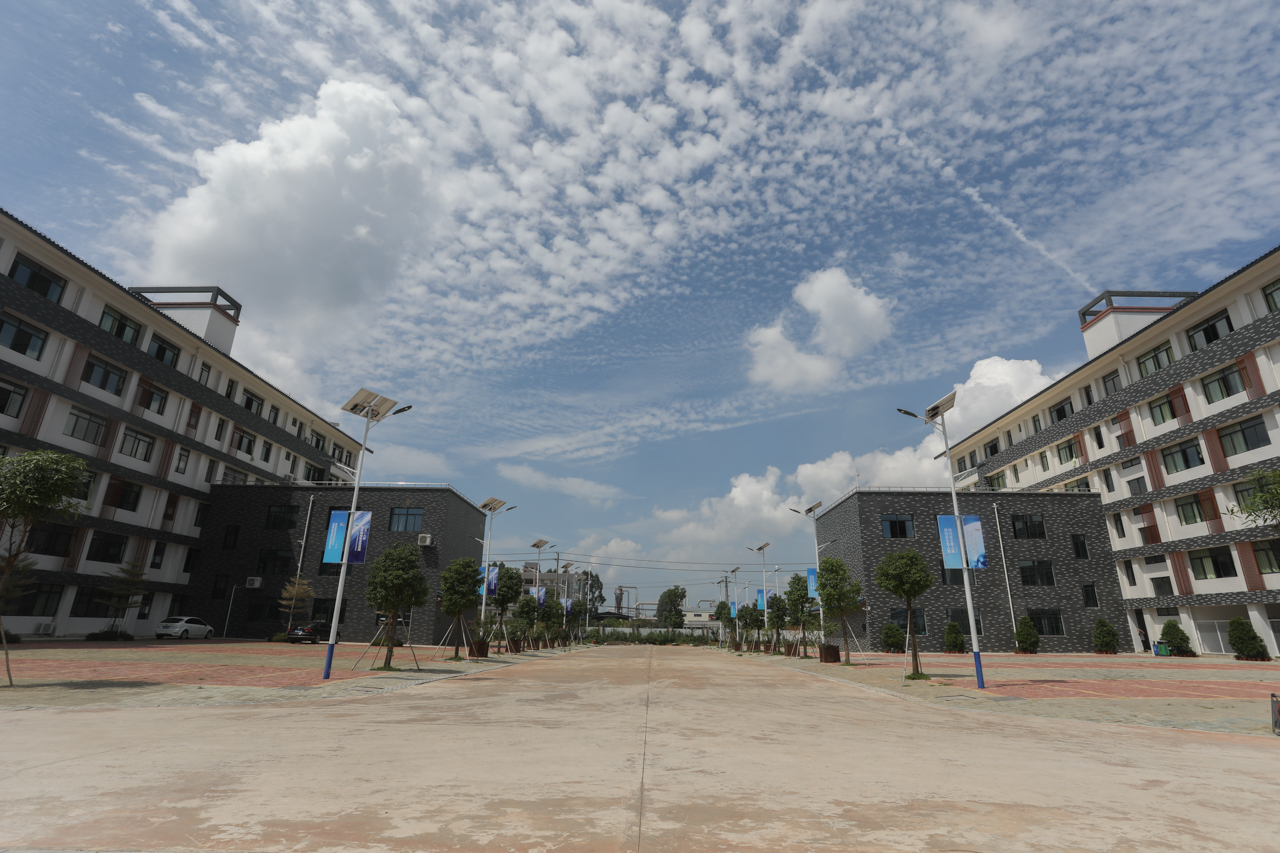 003-1广西商贸高级技工学校明阳校区教学楼间路灯道旗.jpg 003-1广西商贸高级技工学校明阳校区教学楼间路灯道旗.jpg